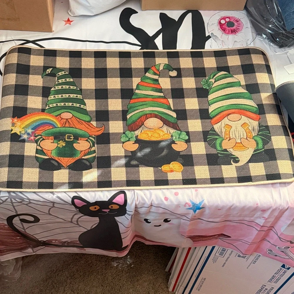 St Patrick's Day 2pcs Kitchen Plaid Gnome Area Rug & Door Mat New
